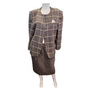John Meyer Wool Blend Skirt Suit Set Size 16 Taupe Window Pane Vintage 80's